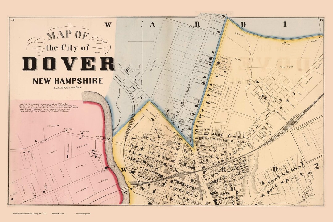 Dover City - Wards 1 & 2 1871 Map Homeowner Names Reprint Strafford Co ...