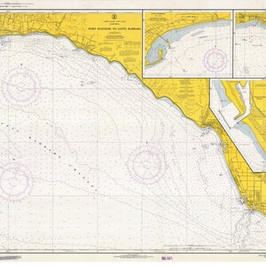 May include: A nautical chart of the coastline of Santa Barbara, California, showing depths, buoys, and other navigational aids. The chart is printed on a yellow background with blue and black lines. The chart includes a compass rose and a scale bar.