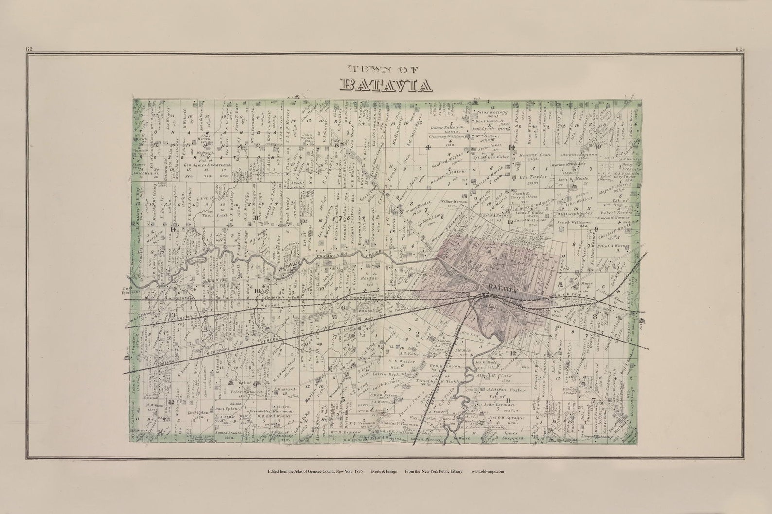 Batavia 1876 Old Town Map Reprint Genesee County, New York Homeowner ...