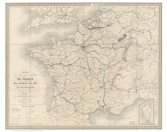 France 1856 Railroads and Principal Canals --  Old Map - Reprint