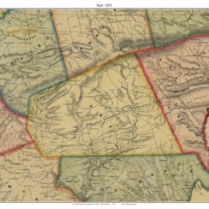 May include: An antique map of Bart Township, Pennsylvania, from 1851. The map is divided into sections with different colors, showing the boundaries of the township. The map includes the names of various towns and geographic features.