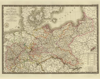 May include: A vintage map of the Kingdom of Prussia, showing the borders of the various provinces and regions. The map is printed in black and white with some color accents, and includes a legend and a scale.