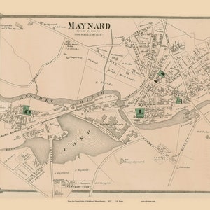 May include: An antique map of Maynard, Massachusetts, from 1873. The map shows the town's streets, rivers, and landmarks, including the Assabet River, the Sudbury River, and the Maynard Pond. The map is printed in black and white with green accents.