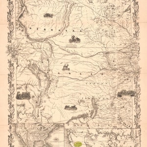 Prairie State charming 1855 map Nebraska Kansas Oklahoma South Dakota North Dakota Wyoming Colorado Montana reprint Midwest Regional