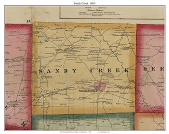 Sandy Creek 1860 Old Town Map with Homeowner Names - Pennsylvania - Reprint Genealogy - Mercer County PA TM