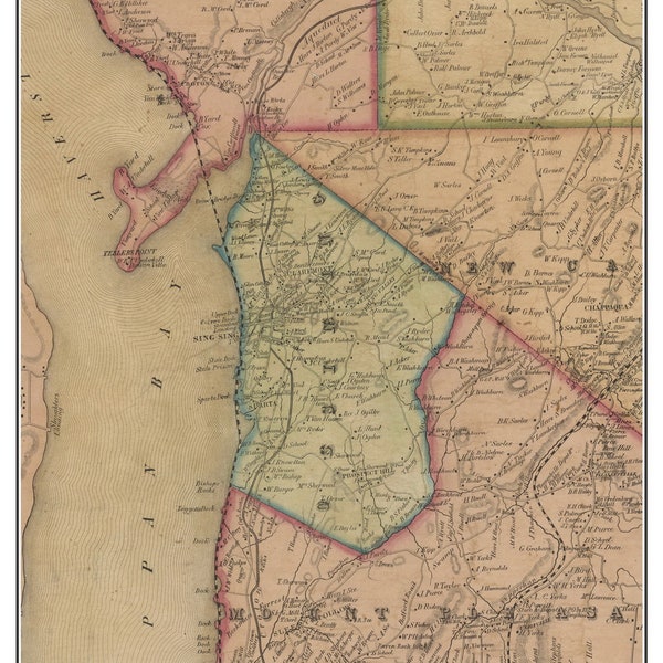 Ossining 1851 Old Town Map  - with Homeowner Names New York  Reprint Genealogy Westchester Co TM