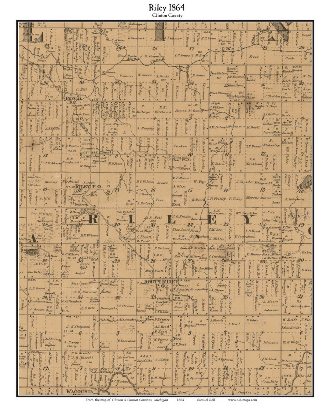 Map Riley Riley 1864 Old Town Map With Homeowner Names - Michigan - Reprint ...