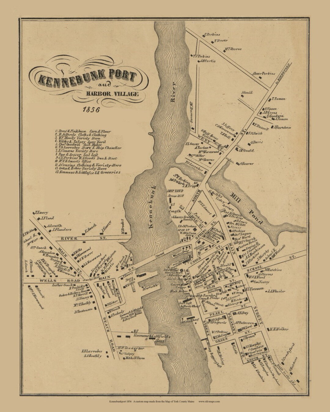 Kennebunkport Village 1856 Old Town Map With Homeowner Names Maine - Custom Reprint York County ...