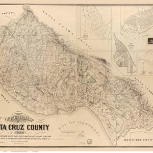Santa Cruz County California 1889 - Old Wall Map Reprint with Landowner Names Farm Lines  Genealogy