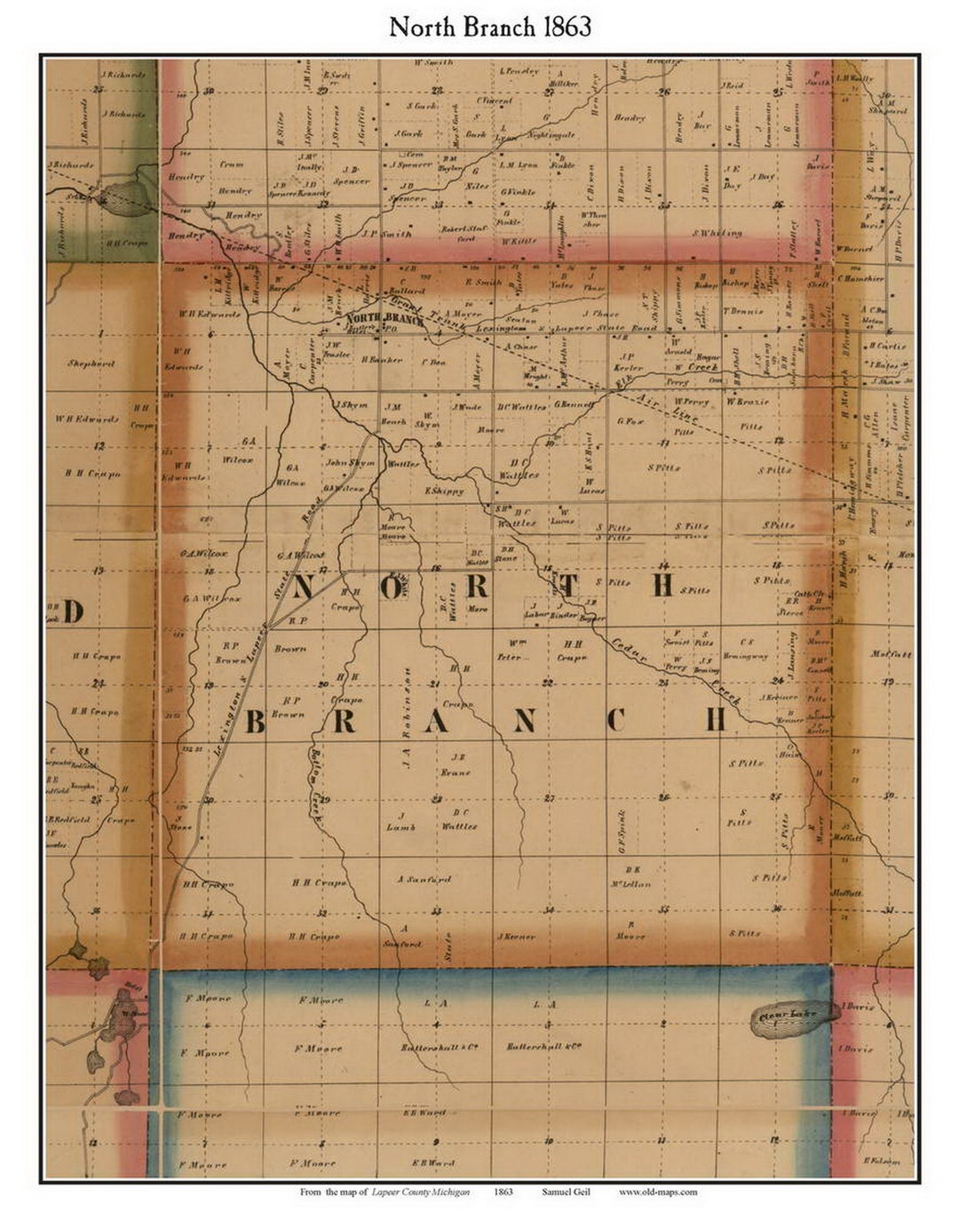 North Branch 1863 Old Town Map With Homeowner Names Michigan Reprint Genealogy Lapeer County MI