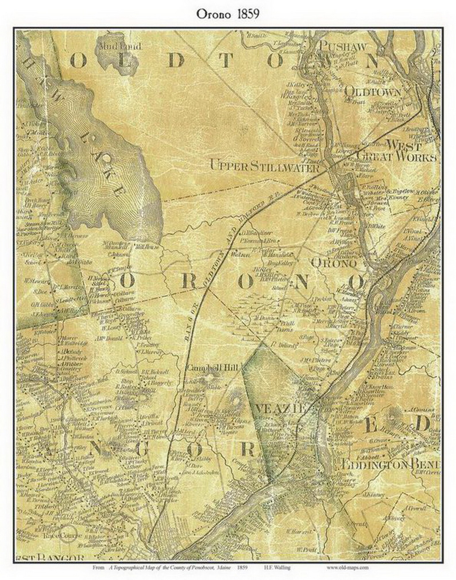 Orono 1859 Old Town Map With Homeowner Names Maine Reprint Etsy