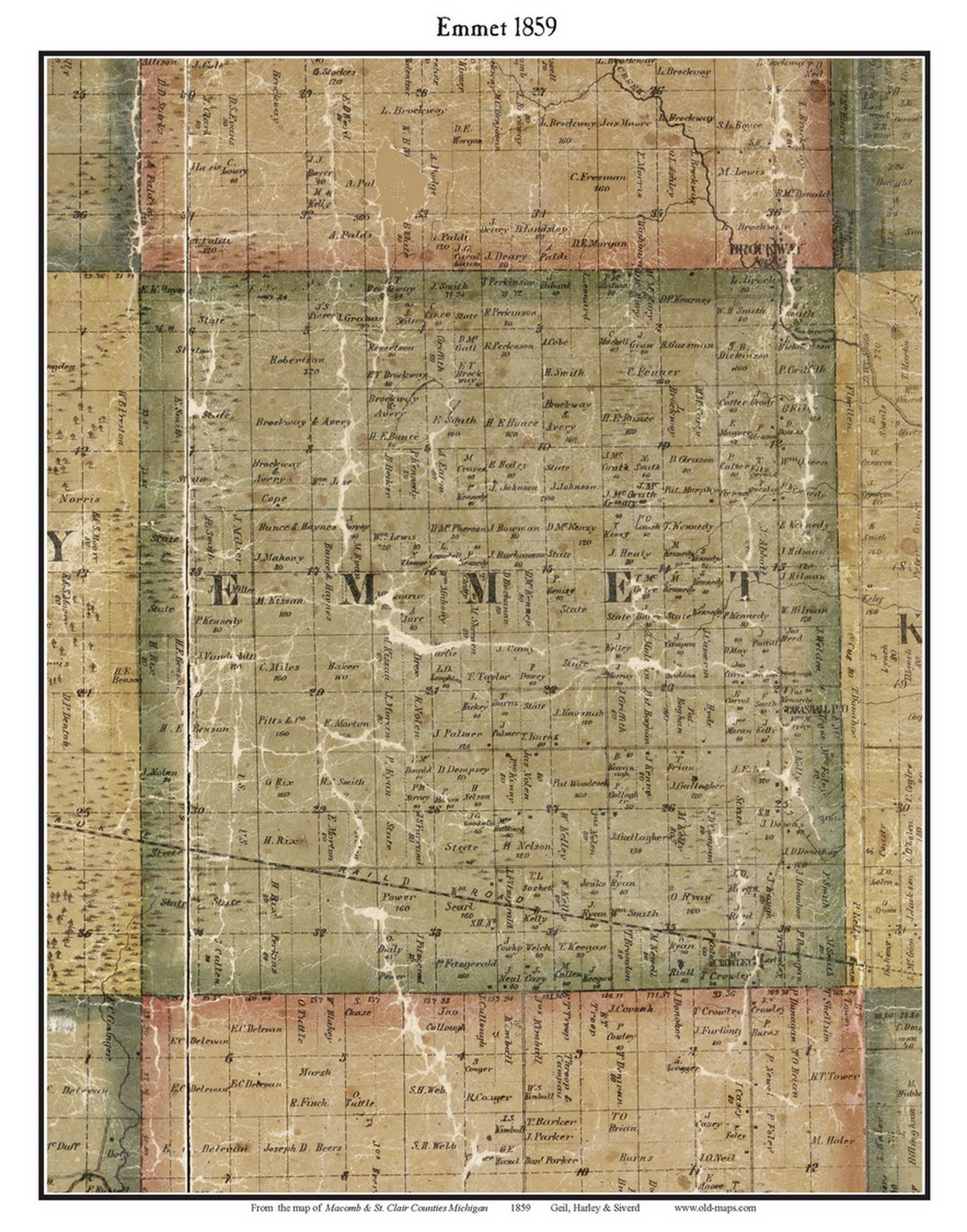 Emmet 1859 Old Town Map With Homeowner Names - Michigan - Reprint ...