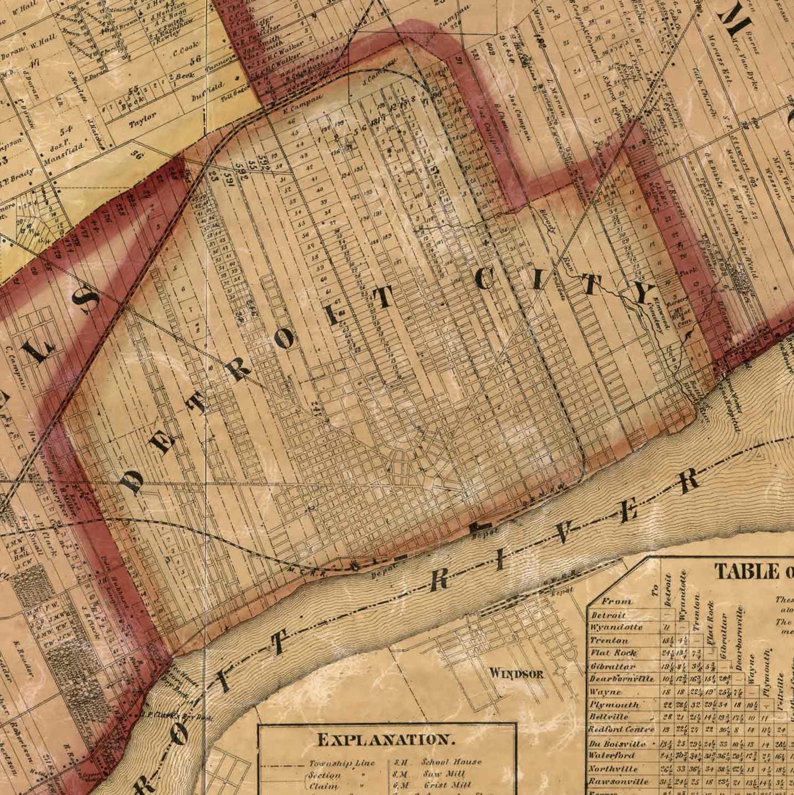 Wayne County Michigan 1860 Old Wall Map Reprint With Homeowner Names