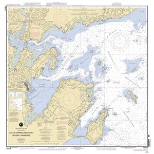 May include: A nautical chart of Salem, Marblehead, and Beverly Harbors in Massachusetts. The chart shows the coastline, islands, and waterways of the area. Soundings are in feet.