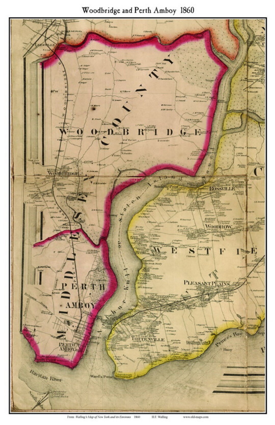 Woodbridge & Perth Amboy, NJ 1860 Map With Homeowner Names Custom