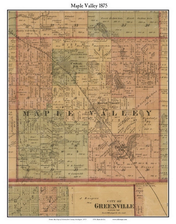 Map Of Greenville Michigan Maple Valley 1875 Old Town Map With Homeowner Names Michigan - Etsy