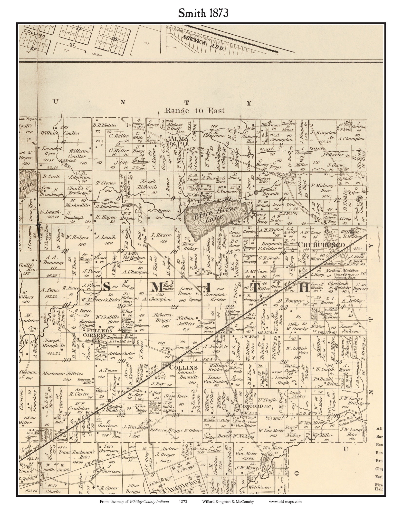 Smith 1873 Old Town Map with Homeowner Names Indiana Blue River Lake Churubusco - Reprint Genealogy Whitley County IN TM