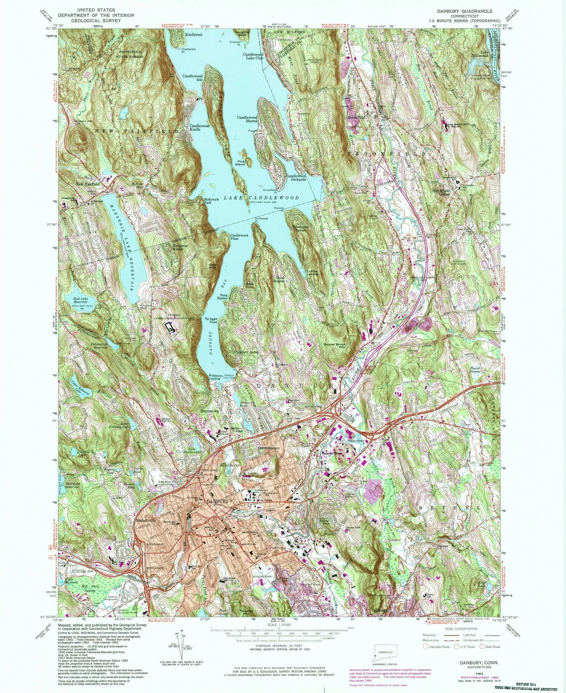 Danbury 1963 Old Topo Map Lake Candlewood Margerie Lake - Etsy