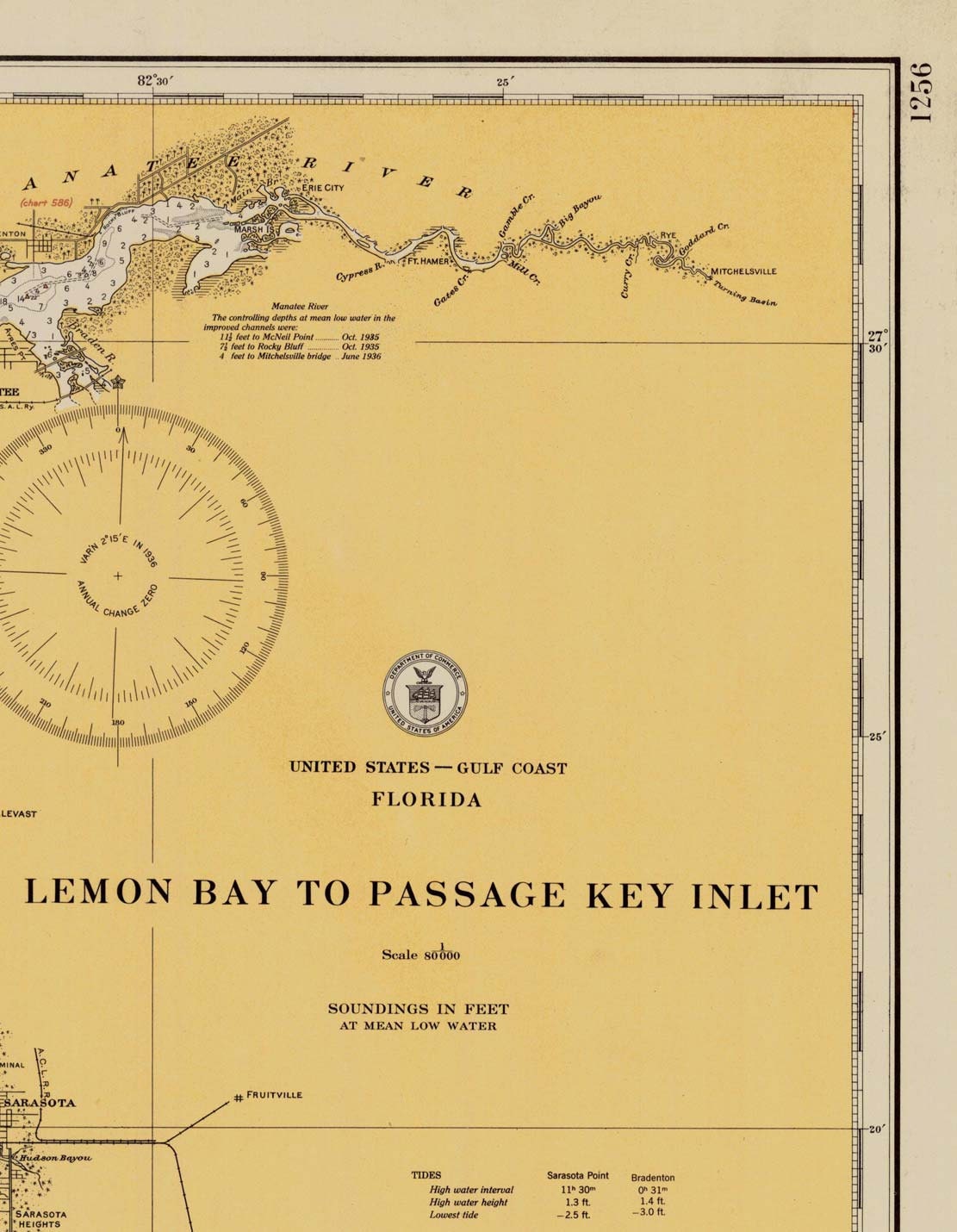 Lemon Bay to Passage Key Inlet 1930 Nautical Map Sarasota Venice Anna ...