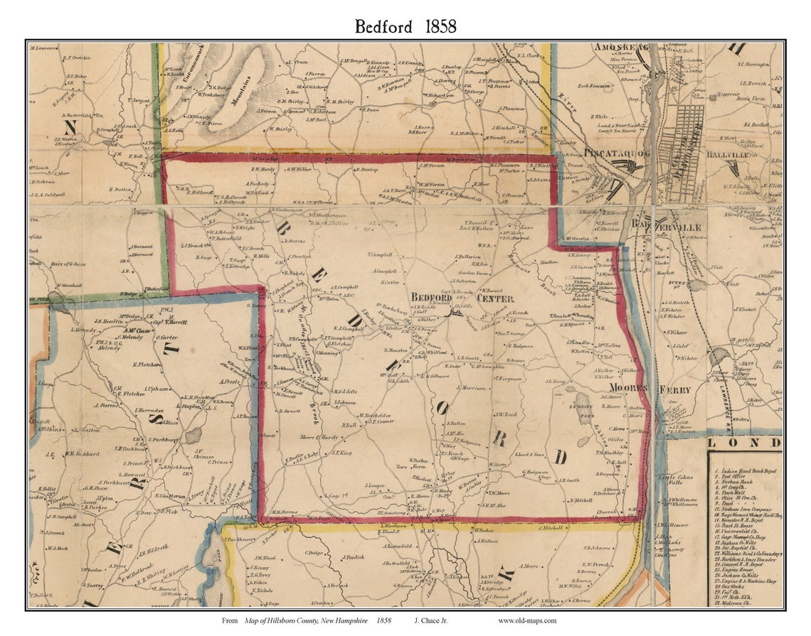 Bedford 1858 Old Town Map With Homeowner Names New Hampshire - Etsy