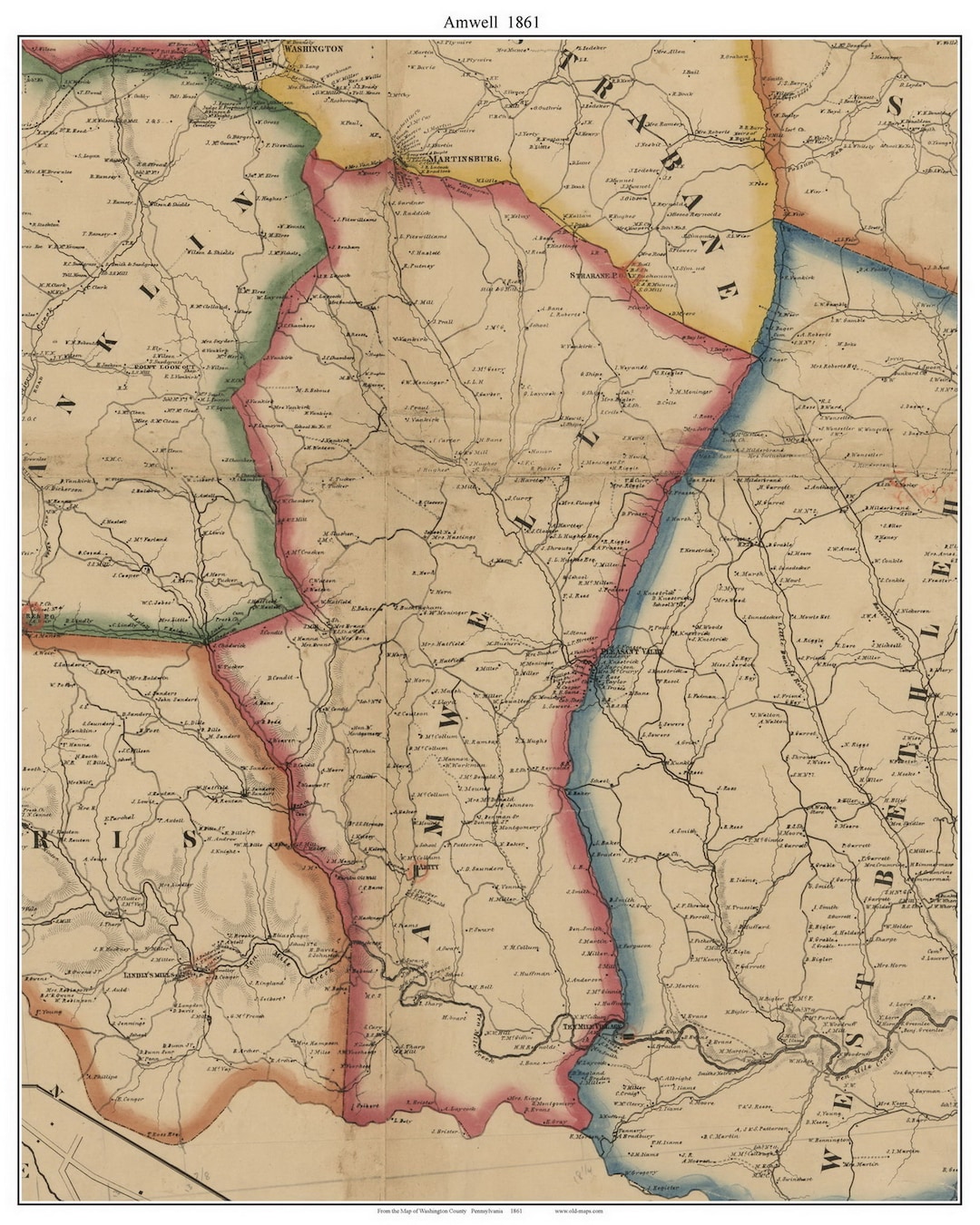 Amwell 1861 Old Map Homeowner Names Amity Genealogy Washington County