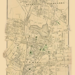 May include: An antique map of Melrose, Massachusetts, showing the town's streets, parks, and landmarks. The map is printed in black and white on a cream-colored background. The title "Melrose" is printed in large, bold letters at the top of the map. The map includes the text "Town of Melrose, Scale 60 feet to the inch, Revised & Corrected 1875."