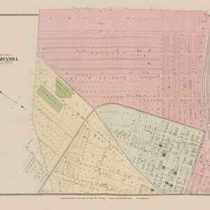 May include: A vintage map of Tonawanda, New York, showing the layout of streets and property lots. The map is divided into three sections, each with a different color scheme. The map is printed on a cream-colored paper with a decorative border.