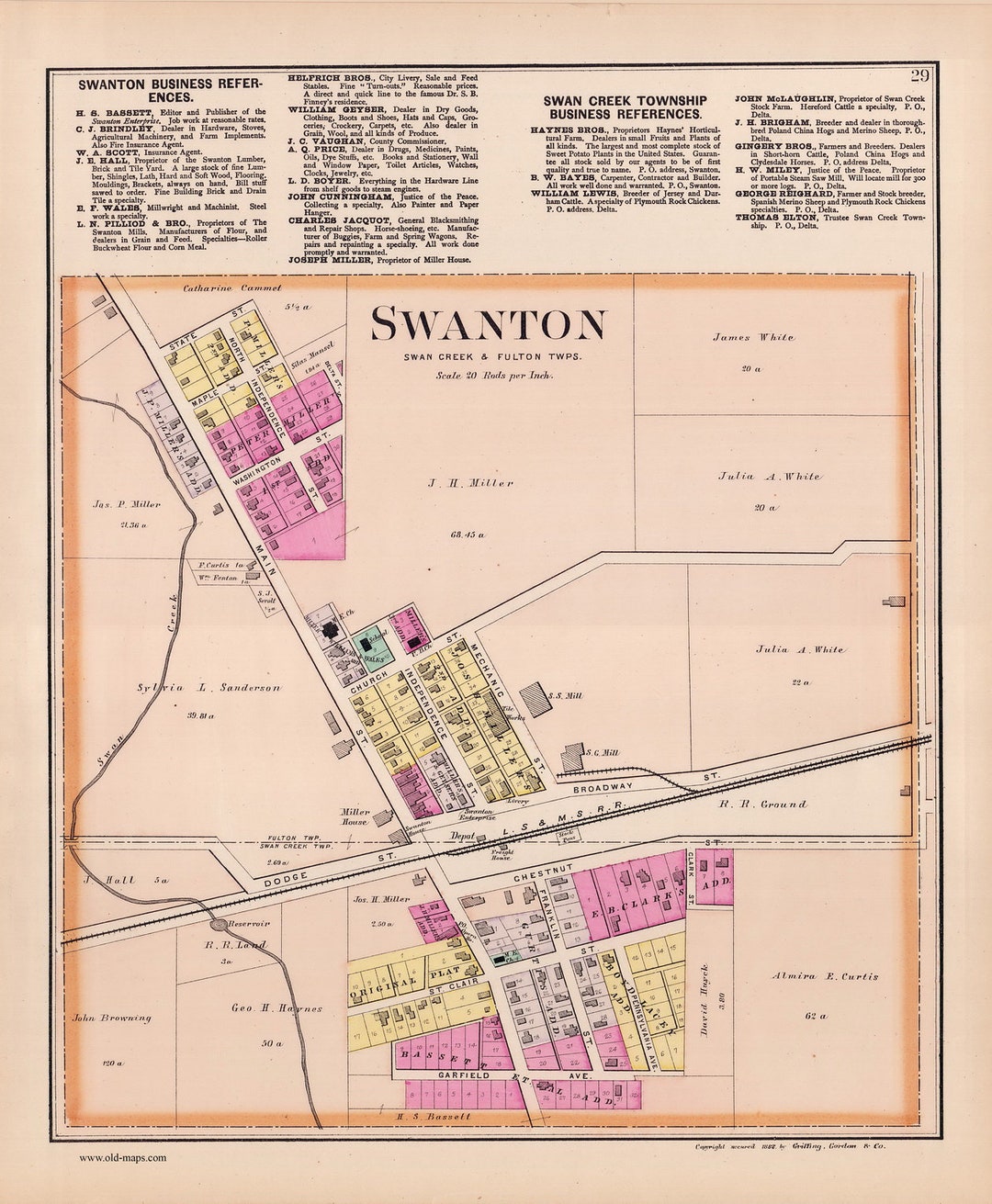 Swanton 1888 Old Town Map Reprint Fulton County, Ohio Homeowner Names