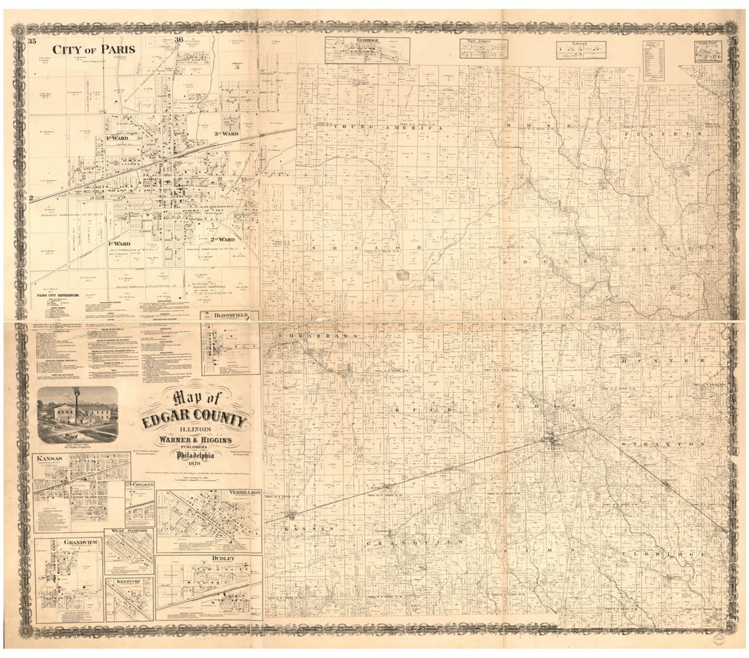 Edgar County Illinois 1870 Old Wall Map Reprint With Etsy