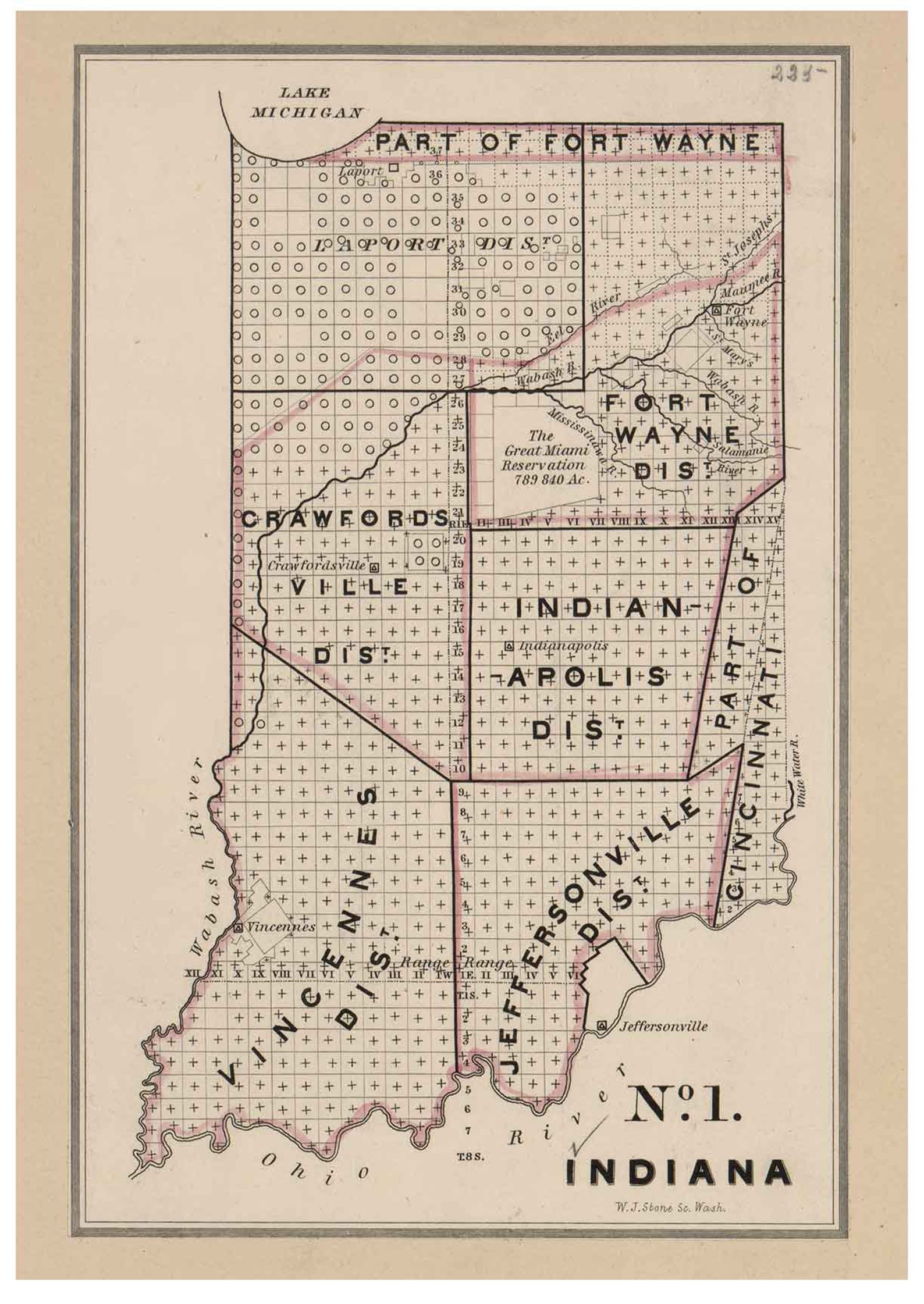 Indiana Land Office Map 1843 Lots and Districts Old Map Reprinted 1843