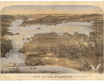 May include: An antique map of San Francisco, California, showing the city's layout and surrounding areas. The map is drawn in a detailed, hand-drawn style with brown and beige tones.