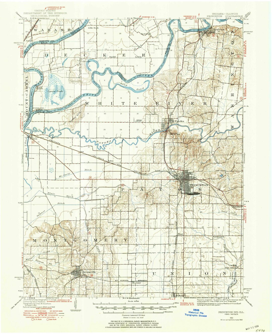Princeton 1901 1954 Old Topo Map Patoka Township Hazelton White River