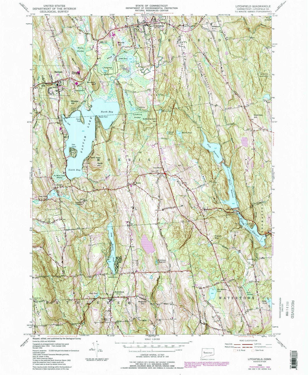 Litchfield 1956 Old Topo Map Bantam Lake, Morris, Bethlehem, Watertown