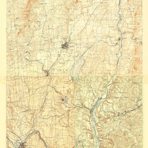 May include: An old topographic map of the Saratoga Lake region in New York State, circa 1902. The map shows the topography of the area, including rivers, lakes, and mountains. The map is in a vintage style, with brown and blue lines and text.
