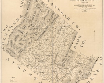 May include: A black and white map of Rockingham County, Virginia. The map shows the county's boundaries, roads, and rivers. The map is titled "Map of Rockingham County, Virginia" and includes the text "Prepared under the direction of Brevet Brig Gen P.M.B.H.C. Eng Dept of Va. January 1868. Published by authority of the Hon. SECRETARY OF WAR. Office of CHIEF OF ENGINEERS U.S. ARMY."