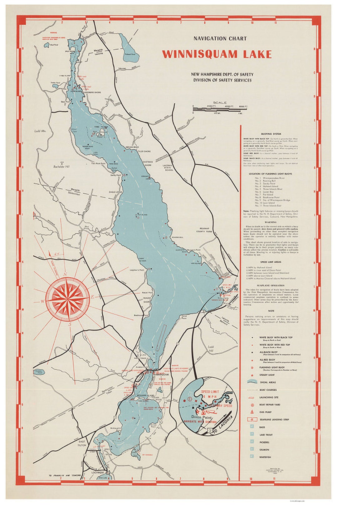 Lake Winnisquam 1964 Navigation Map Islands, Coves Named Reprint Etsy