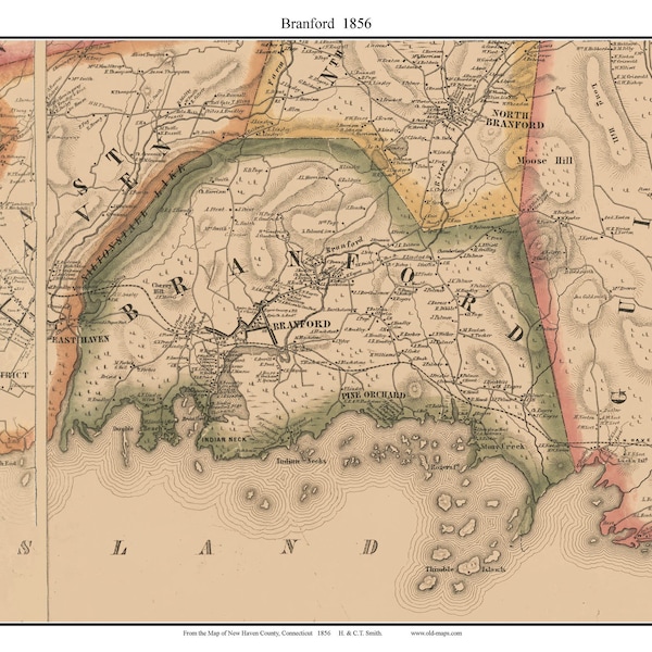 Branford 1856 Old Town Map  with Homeowner Names Connecticut - Reprint New Haven County CT TM