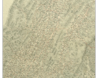 May include: A vintage map of Rockingham County, Virginia, circa 1864. The map is in black and white with hand-drawn lines and text. The map shows the county's roads, rivers, and towns. The map is titled "Rockingham County ca. 1864".