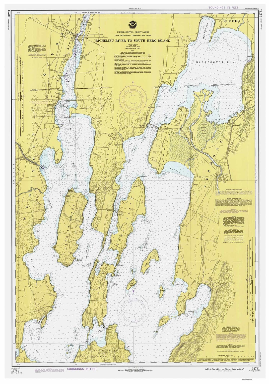 Le Rouses Map Rouses Point to South Hero Island, VT - 1977 Lake Champlain - Nautical ...