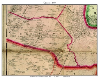 May include: Antique map titled "Clinton 1860" with detailed cartography of the area. The map features hand-drawn text, red and green borders, and a vintage aesthetic. Includes place names like Clinton, Irvington, and Newark.