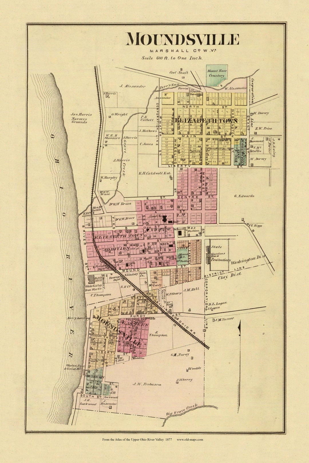 Moundsville 1877 Old Town Map Marshall County West Virginia Etsy