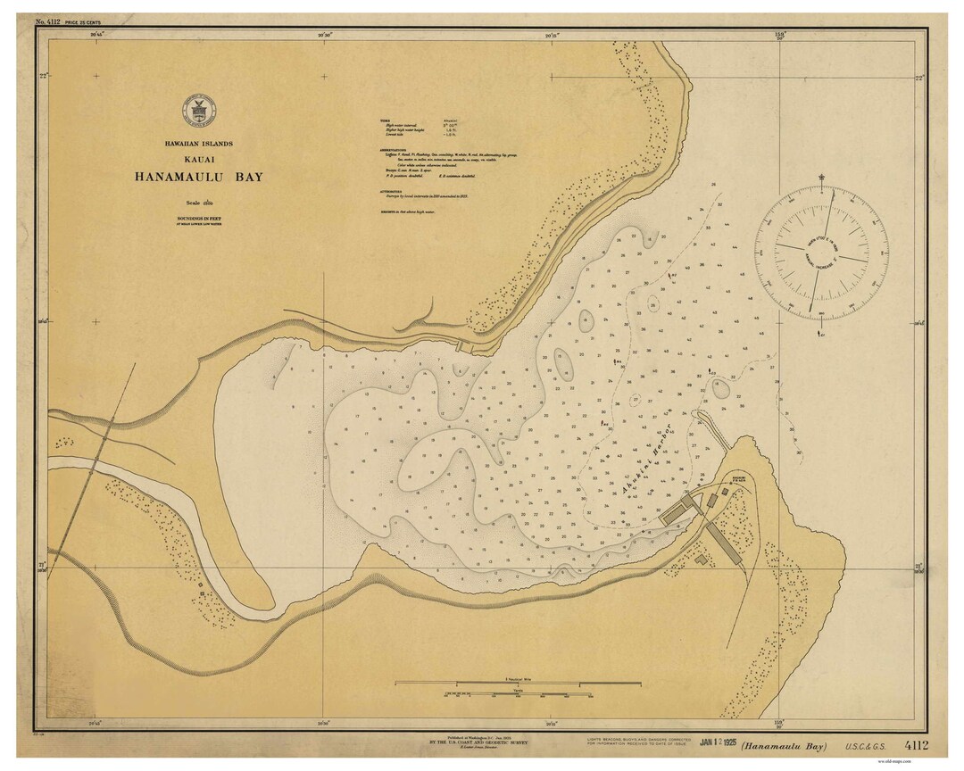 Hanamaulu Bay 1925 Nautical Map Kauai Hawaii PC Harbors Etsy