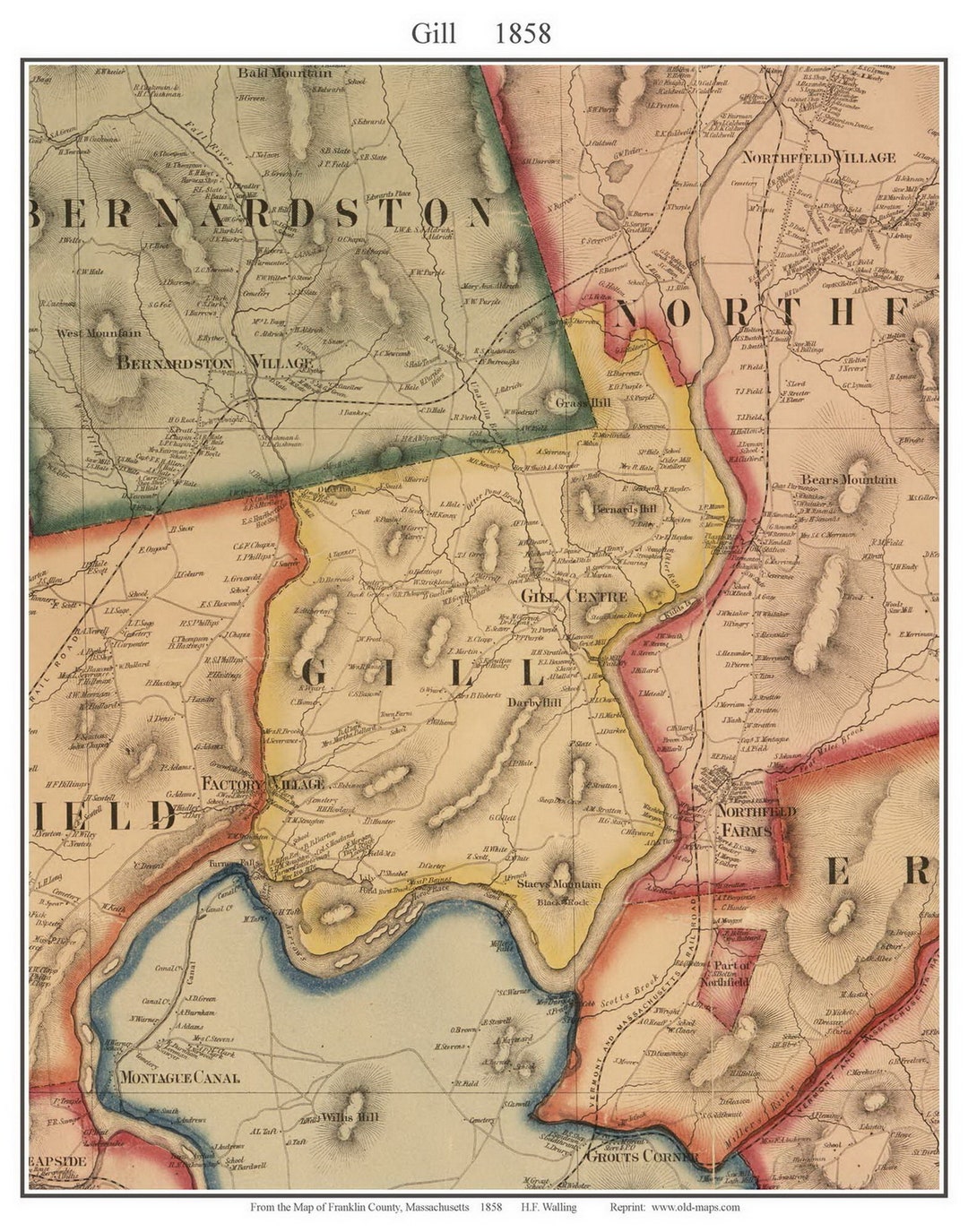 Gill 1858 Old Town Map With Homeowner Names massachusetts Reprint