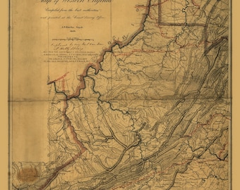 May include: An antique map of Western Virginia, compiled from the best authorities and printed at the Coast Survey Office in 1862. The map shows the state's borders, rivers, and towns. It is a detailed and informative map of the region.
