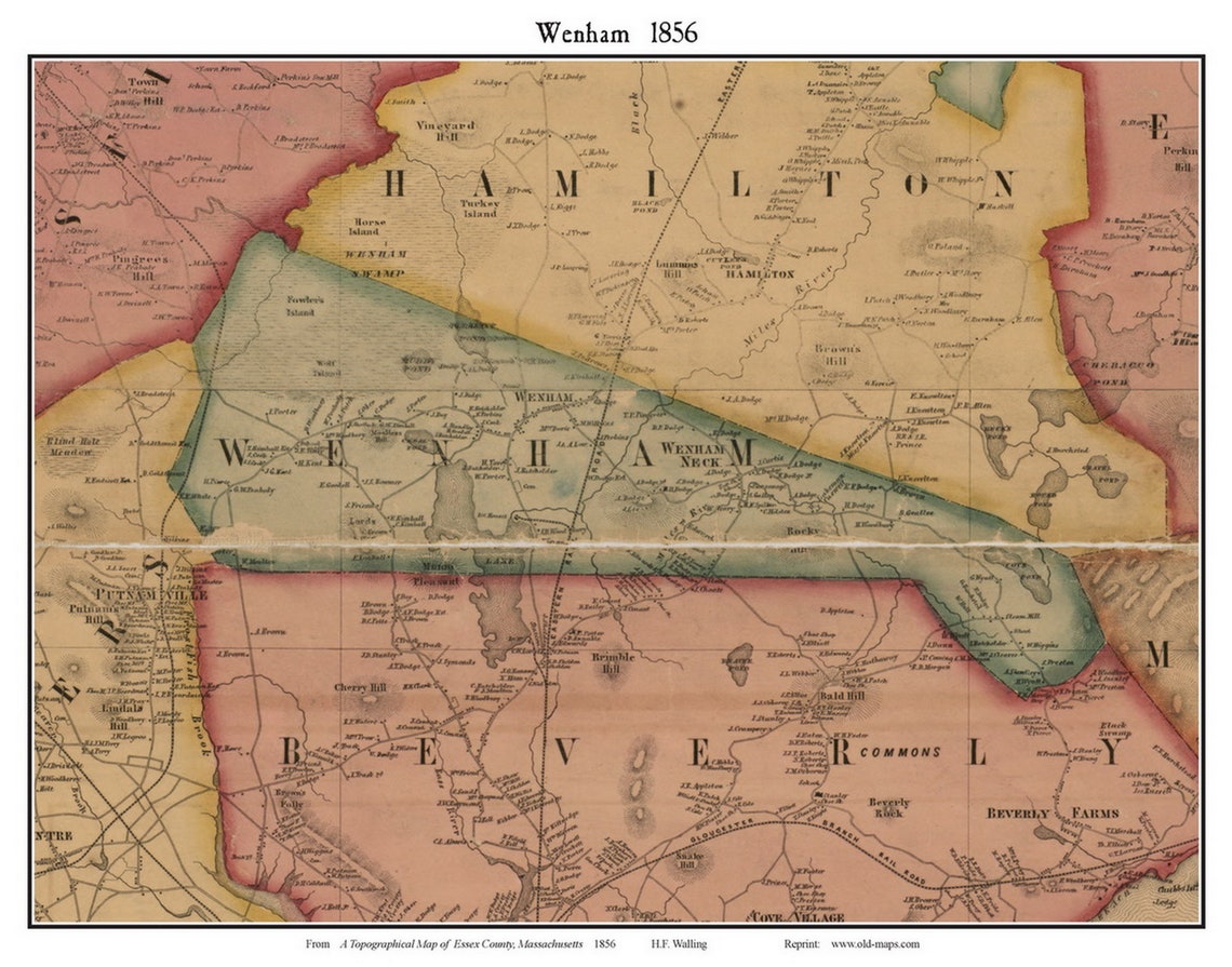 Wenham Massachusetts 1856 Old Town Map With Homeowner Names Reprint