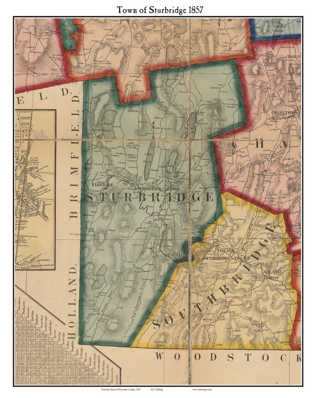 Sturbridge 1857 Old Town Map With Homeowner Names Massachusetts