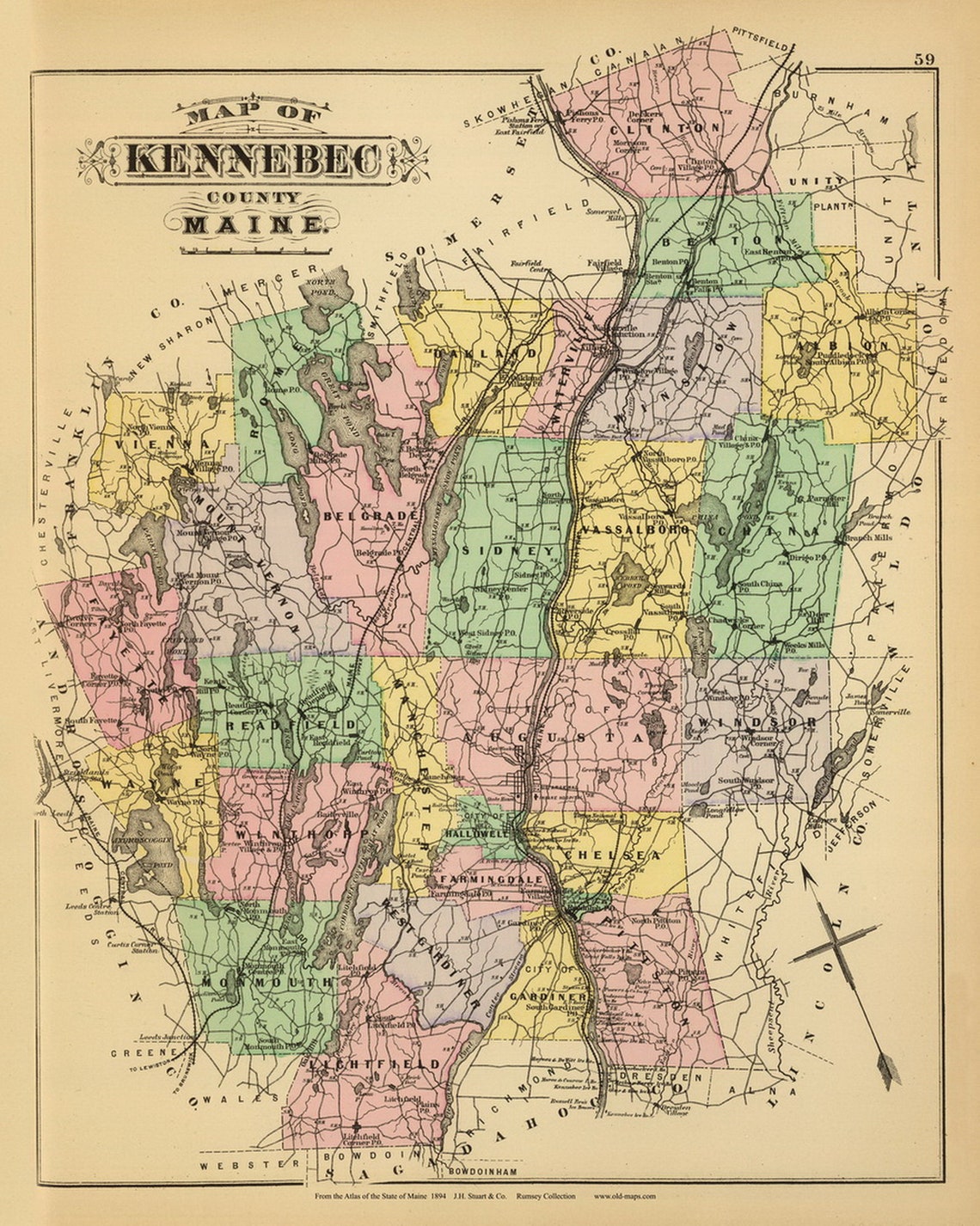 Kennebec County 1894 Old Map Reprint Maine State Atlas Stuart Etsy