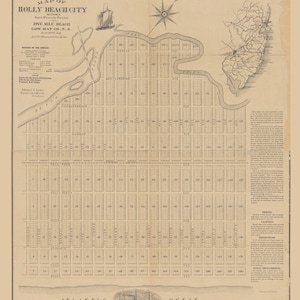 May include: A vintage map of Holly Beach City, Section B, South Westerly Portion, Five Mile Beach, Cape May Co. N.J. The map shows the layout of the city with streets, avenues, and blocks numbered. The map is dated circa 1890.