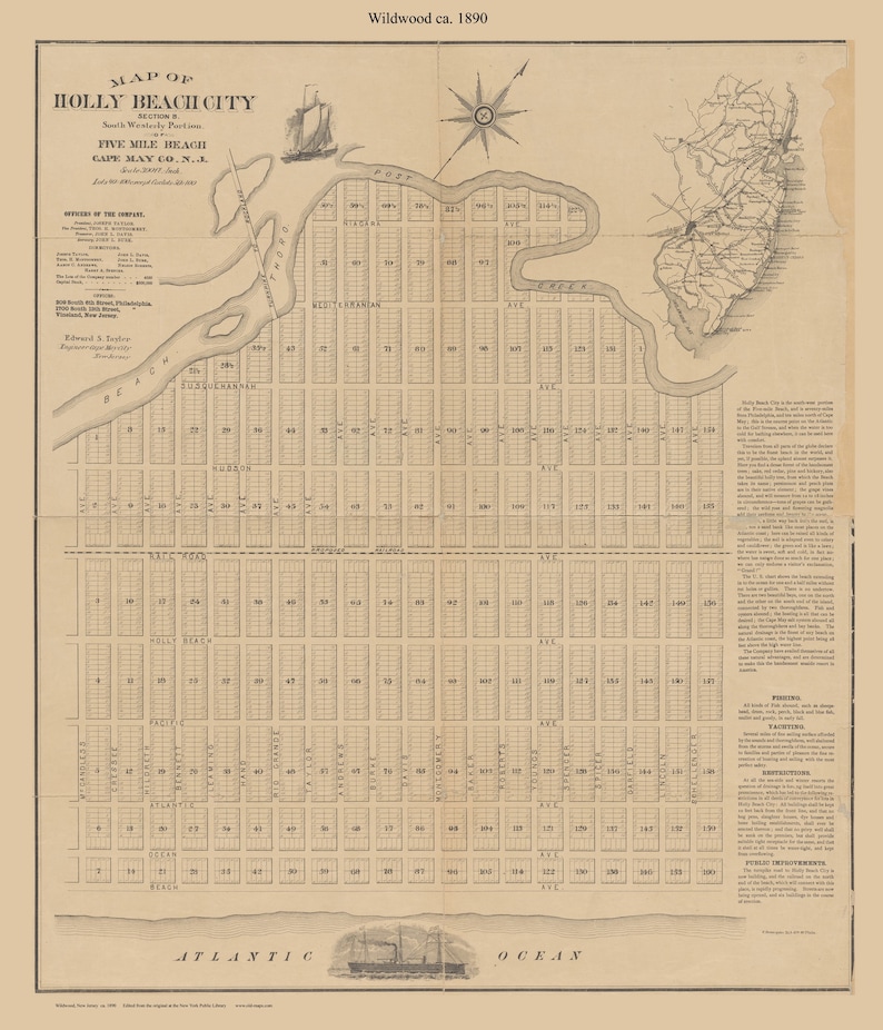 May include: A vintage map of Holly Beach City, Section B, South Westerly Portion, Five Mile Beach, Cape May Co. N.J. The map shows the layout of the city with streets, avenues, and blocks numbered. The map is dated circa 1890.