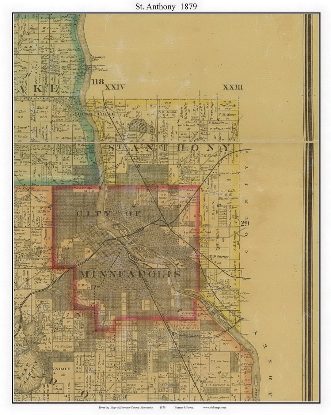 St Anthony 1879 Old Town Map With Homeowner Names Minnesota Minneapolis